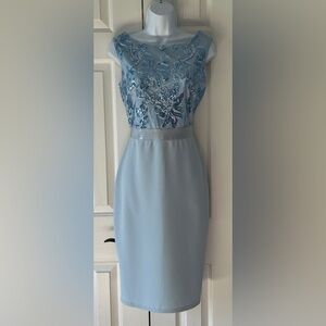 City Goddess Light Blue Sequin Lace Mesh Bodycon Dress US 6